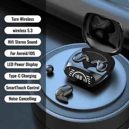 Black Post-Ear Bluetooth headphones by Mead's Supply & Equipment, wireless earphones with voice control and 4-8 hour battery life.