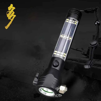 Black solar USB rechargeable LED flashlight by Mead's Supply & Equipment Outfitters, high-intensity outdoor light with dual charging.