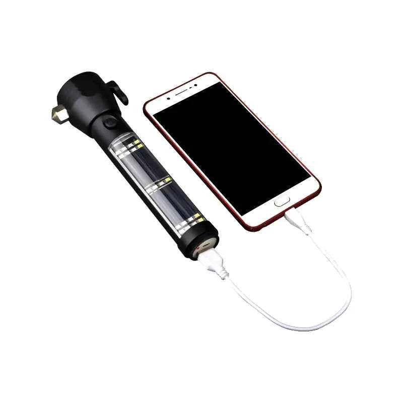 Black solar USB rechargeable LED flashlight by Mead's Supply & Equipment Outfitters, high-intensity outdoor light with dual charging feature.