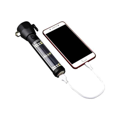 Black solar USB rechargeable LED flashlight by Mead's Supply & Equipment Outfitters, high-intensity outdoor light with dual charging feature.