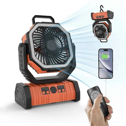 Outdoor camping fan with power bank and LED light in army green, portable 3-speed fan by Mead's Supply & Equipment Outfitters.