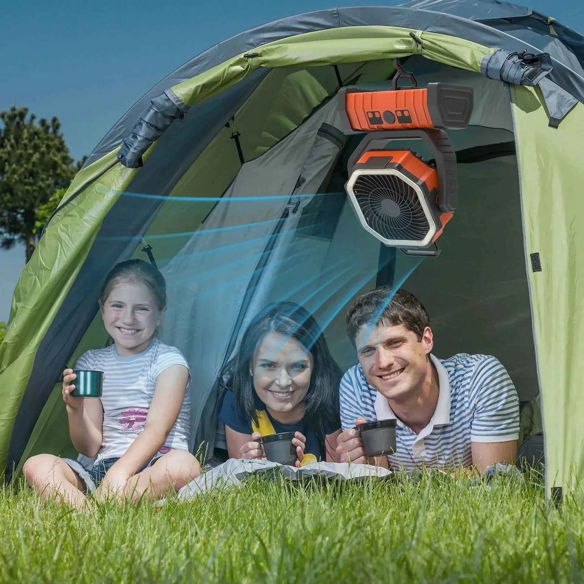 Mead's Supply & Equipment Outfitters outdoor camping fan in army green with LED light, 3-speed portable fan with power bank, outdoor electronics