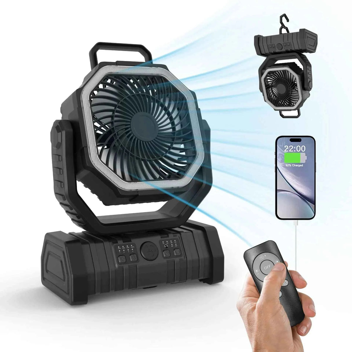 Mead's Supply & Equipment Outfitters outdoor camping fan in army green with LED light, portable 3-speed fan with power bank.
