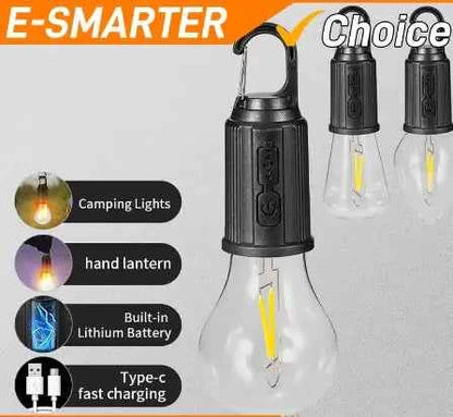 Portable camping LED lamp by Mead's Supply with rechargeable battery, magnetic base, ideal for outdoor lighting and camping adventures.