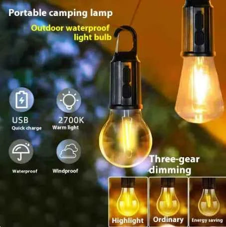 Portable camping LED lamp by Mead's Supply with rechargeable battery and magnetic base, ideal for outdoor lighting and camping.