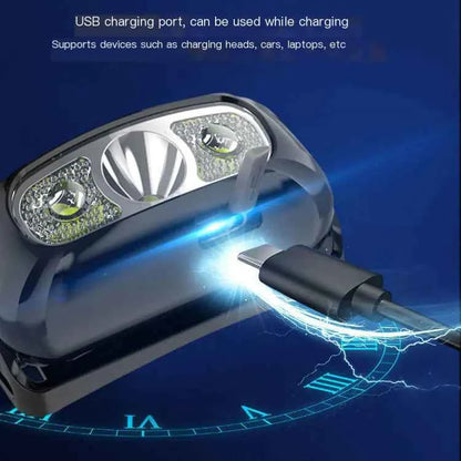 Black rechargeable LED headlamp with motion sensor from Mead's Supply & Equipment Outfitters, ideal for hands-free outdoor lighting.