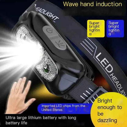 Black rechargeable LED headlamp with motion sensor for outdoor lighting, hands-free, from Mead's Supply & Equipment Outfitters.