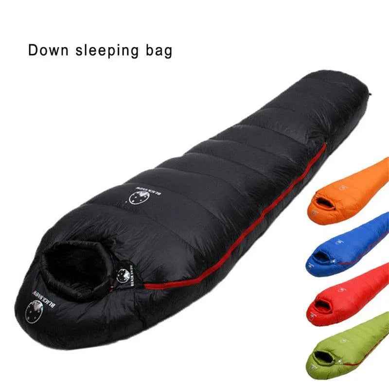 Yellow mummy goose down sleeping bag by Mead's Supply & Equipment Outfitters with 400g fill, ideal for outdoor camping and sleeping comfort.