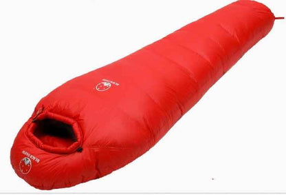 Yellow Mead's Supply & Equipment Mummy Goose Down Sleeping Bag, lightweight sleeping bag with insulated design for outdoor camping.