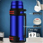 Large blue 1L stainless steel insulated thermos from Mead's Supply & Equipment Outfitters with a secure screw lid and sleek design.