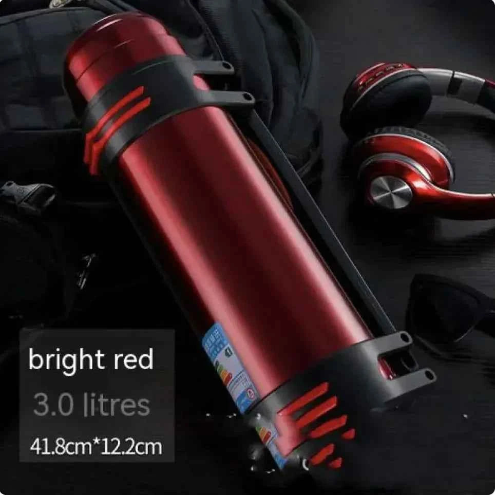 Large blue 1L stainless steel insulated thermos by Mead's Supply & Equipment Outfitters, showing the sleek, durable design.