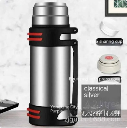 Large blue Mead's Supply & Equipment Outfitters insulated thermos, 1L capacity, made of durable 304 stainless steel.