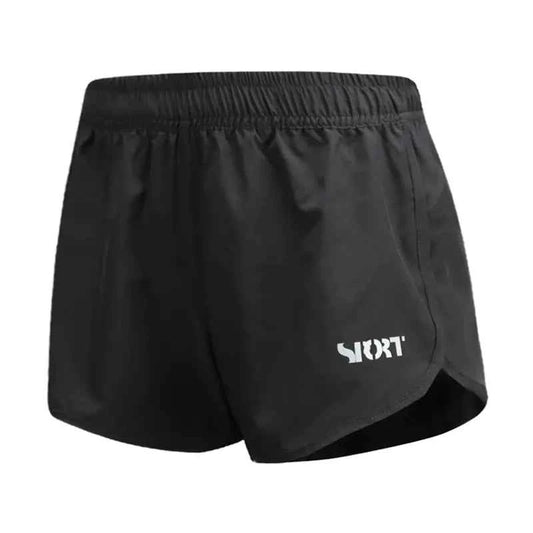 Black women's high-waist quick-dry running shorts by Mead's Supply & Equipment Outfitters, loose fit athletic shorts for fitness and yoga.