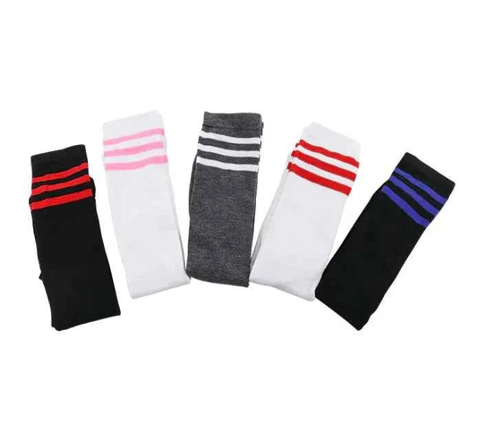 Blue and white striped over-the-knee socks for women, college style knee-high fashion socks by Mead's Supply & Equipment Outfitters.