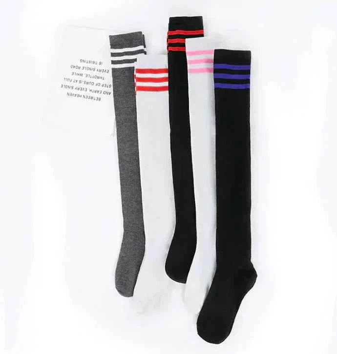 Blue and white striped over-the-knee socks for women, college style knee-high fashion socks from Mead's Supply & Equipment Outfitters.