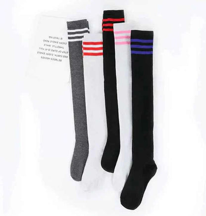 Blue and white striped over-the-knee socks for women, college style knee-high fashion socks from Mead's Supply & Equipment Outfitters.