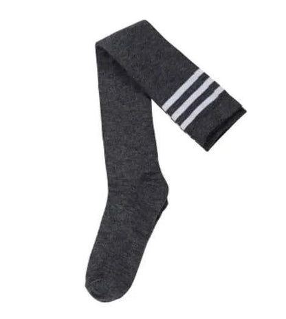Blue and white striped over-the-knee socks for women, college style knee-high fashion socks by Mead's Supply & Equipment.