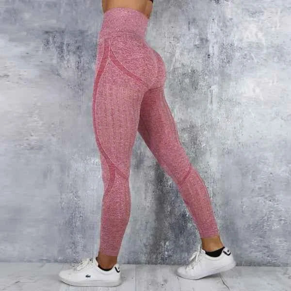Blue high waist knitted yoga pants for women by Mead's Supply & Equipment Outfitters, seamless stretch activewear, athletic leggings.