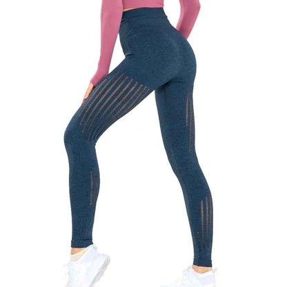 Blue high waist knitted yoga pants for women by Mead's Supply & Equipment Outfitters, seamless stretch athletic leggings.