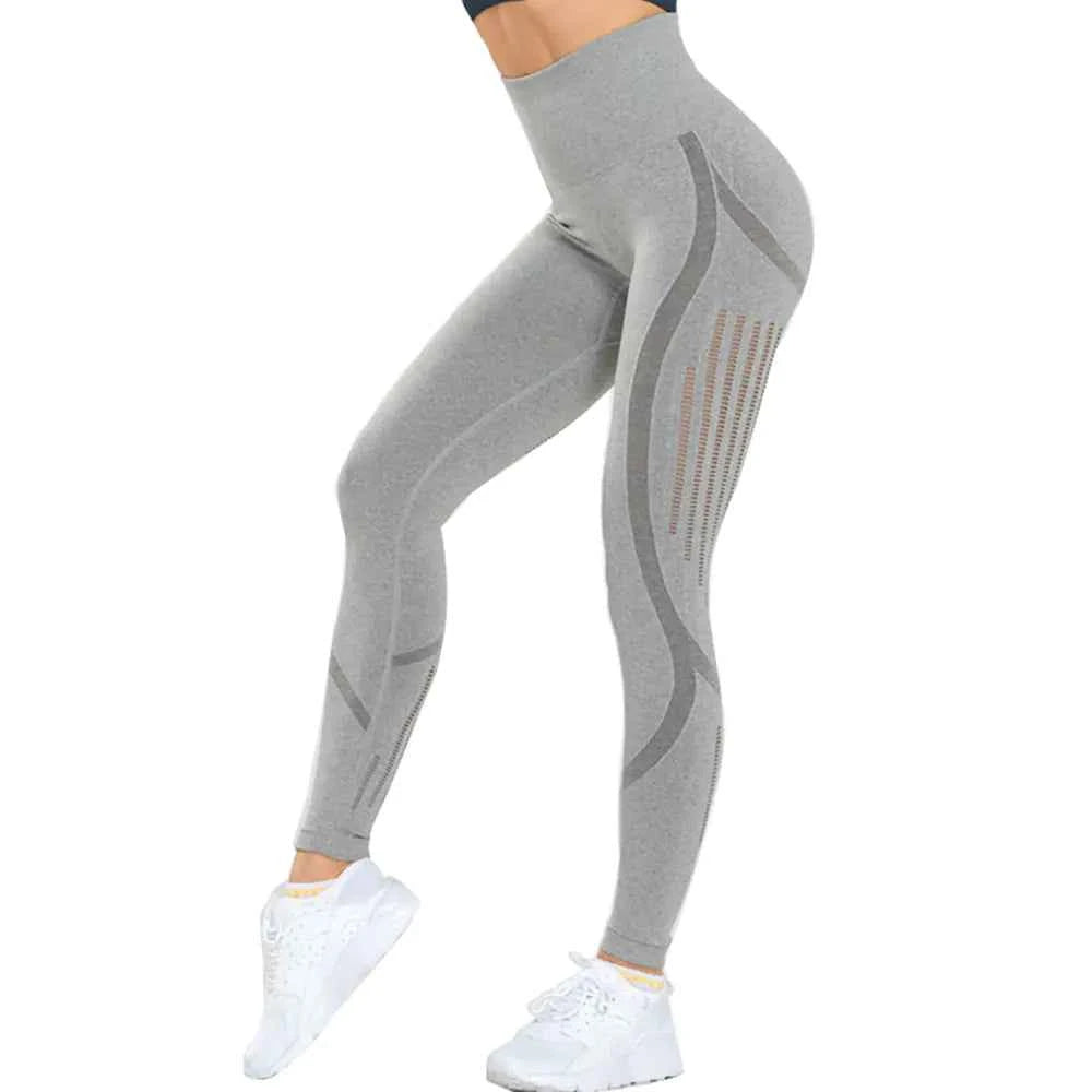 Blue high waist knitted yoga pants for women, seamless stretch athletic leggings by Mead's Supply & Equipment Outfitters.