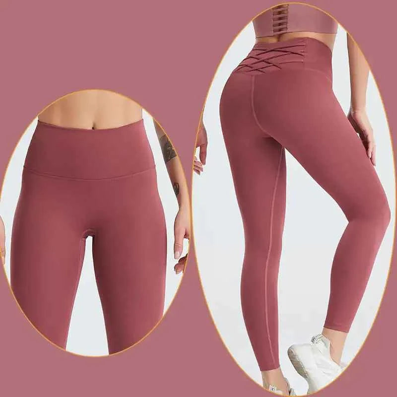 Women's quick dry high-waisted yoga pants by Mead's Supply & Equipment Outfitters, brown and red athletic leggings for gym and fitness.