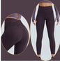 Women's quick dry high-waisted yoga pants by Mead's Supply & Equipment Outfitters, in brown and red, designed for gym and fitness activities.