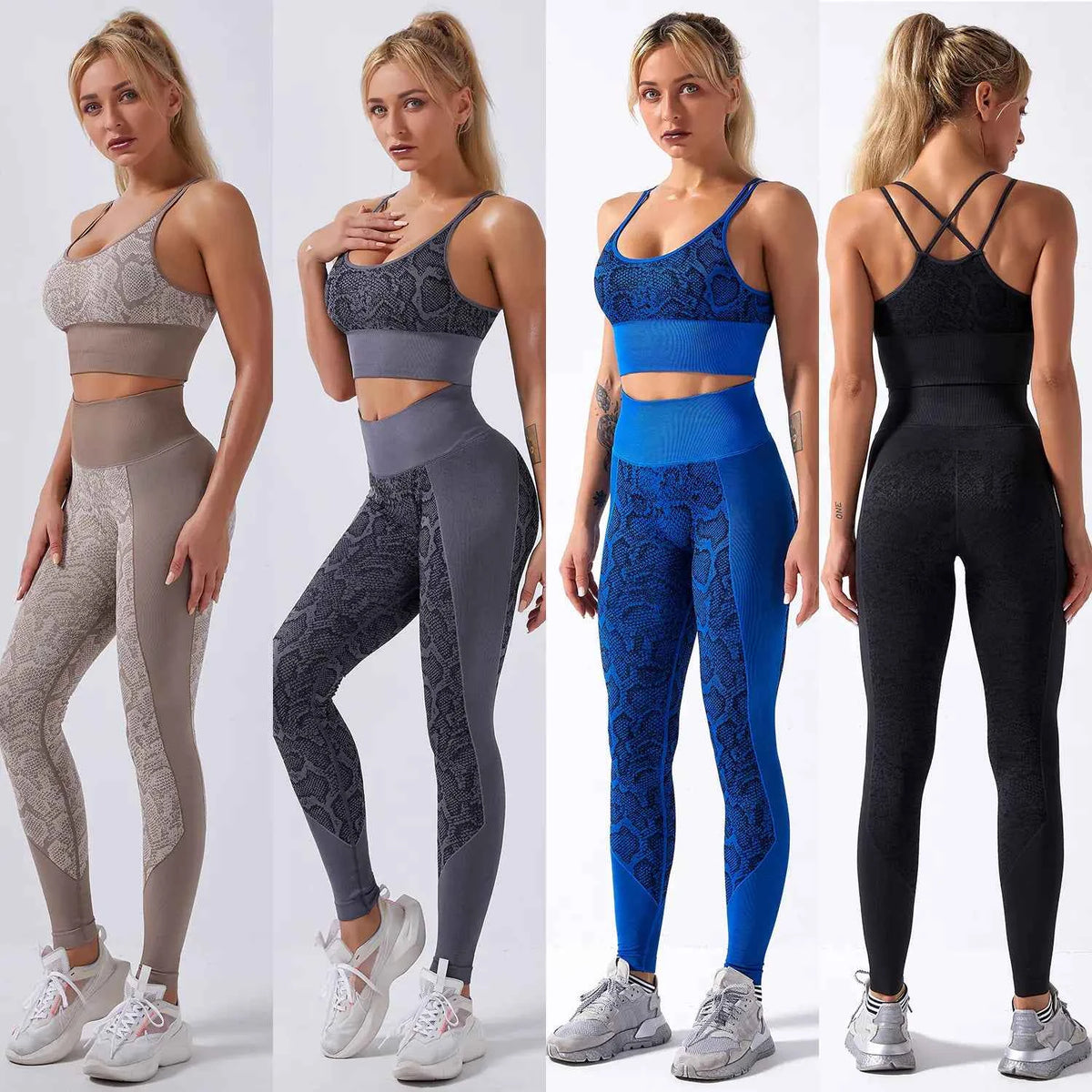 Seamless snake print yoga set for women by Mead's Supply & Equipment Outfitters, moisture-wicking 2-piece activewear for fitness.