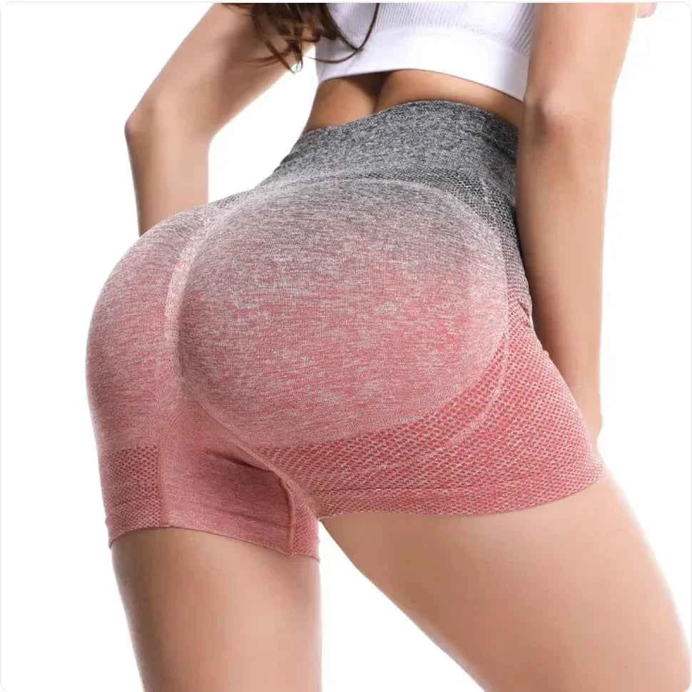 Women's high-waist gradient yoga shorts by Mead's Supply & Equipment Outfitters, green athletic workout shorts for gym and fitness.