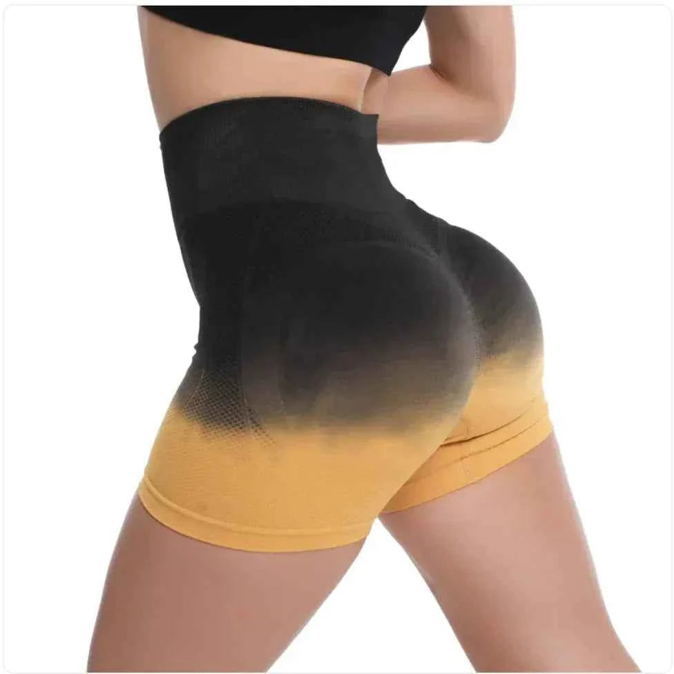 Women's high-waist gradient yoga shorts in green, athletic workout shorts by Mead's Supply & Equipment Outfitters, perfect for gym and fitness.