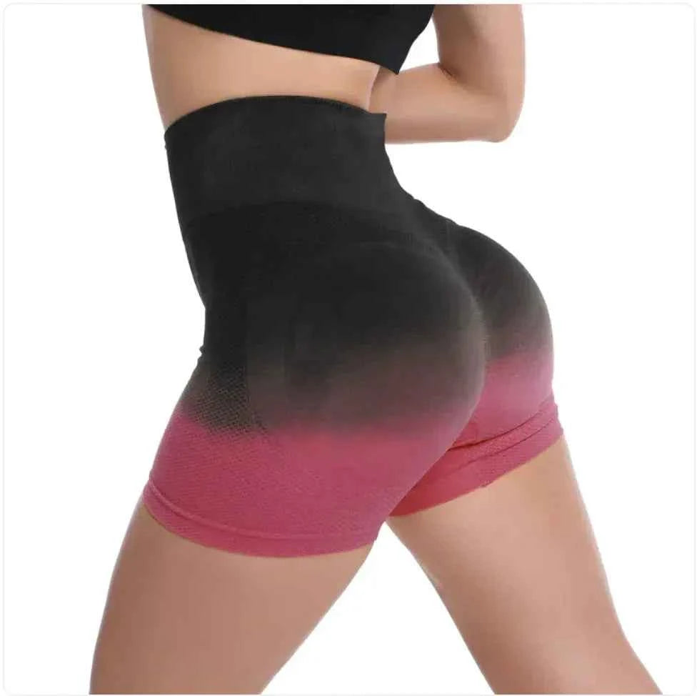 Women's high-waist gradient yoga shorts by Mead's Supply & Equipment Outfitters, green athletic workout shorts for gym and fitness.