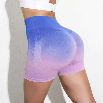 Women's high-waist gradient yoga shorts by Mead's Supply & Equipment Outfitters, in green, designed for athletic workouts and gym fitness.