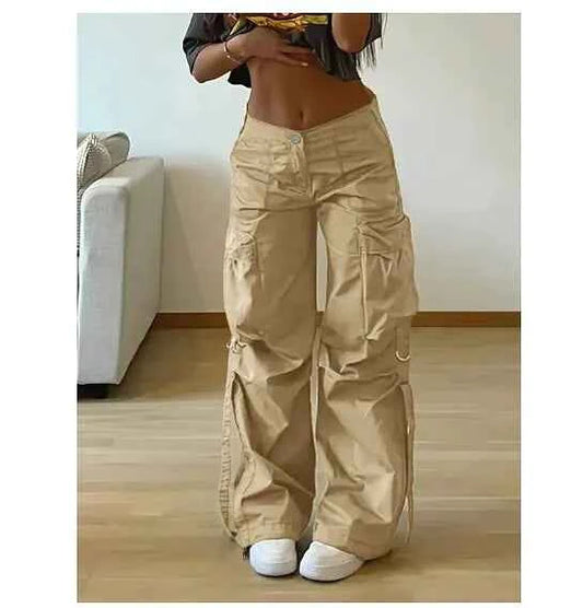 Khaki low-waist cargo pants for women with multiple pockets, casual outdoor utility pants by Mead's Supply & Equipment Outfitters.