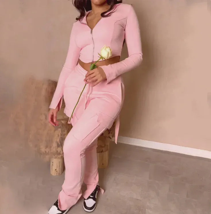 Pink high-waist utility cargo pants for women, wide leg style with multiple pockets and drawstring waist by Mead's Supply & Equipment.