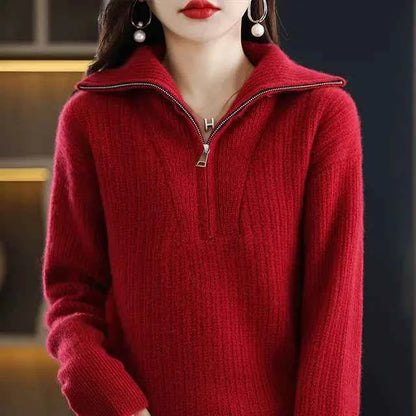 Red women's 100% Merino wool thick turtleneck sweater with zipper front and loose fit, ideal for winter warmth by Mead's Supply.