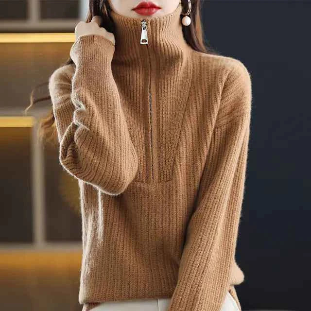 Red women's Merino wool turtleneck sweater with zipper front, loose fit, designed for winter warmth from Mead's Supply & Equipment Outfitters