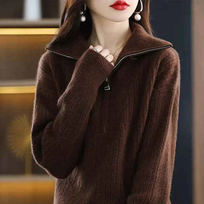 Women's red Merino wool turtleneck sweater by Mead's Supply & Equipment, zipper front, loose fit, ideal for winter warmth.