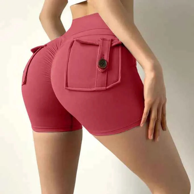 White women's high waist stretch yoga shorts by Mead's Supply & Equipment Outfitters, quick-dry athletic shorts for gym and fitness.