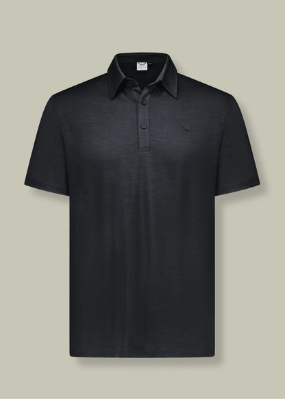 Men's black polo shirt made from 100% Merino wool by Merino 365 NZ, featuring a classic fit and soft texture.