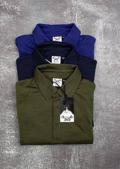 Men's black polo shirt made from 100% Merino wool by Merino 365 NZ, showcasing the soft, fine knit fabric and classic polo style.