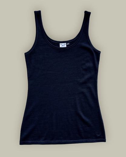Black women's scoop neck tank top made from 100% Merino wool by Merino 365 NZ, casual and comfortable women's singlet.