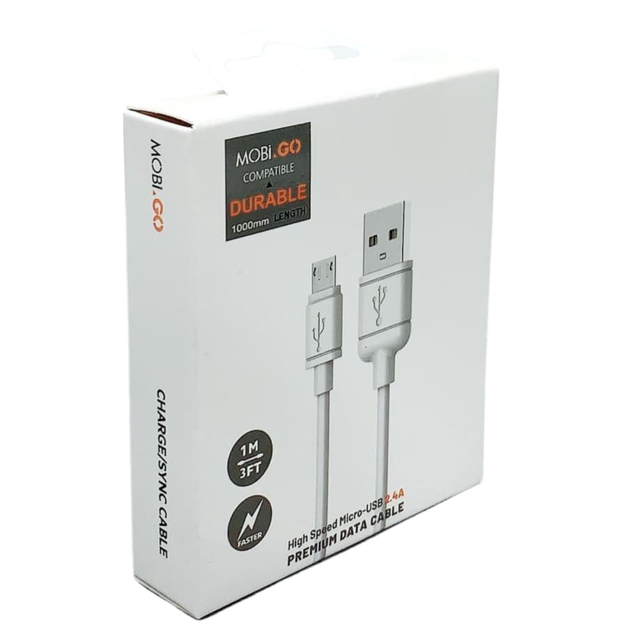 Mobigo Micro USB cable by 9eight5, 1 meter length, electronic accessory with flexible cord and USB connector for charging and data transfer.