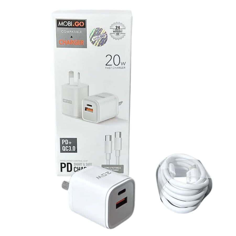 Mobigo Type C & USB Power Adapter Wall Plug (NZ / AUS), With Type C to Type C Cable 9eight5