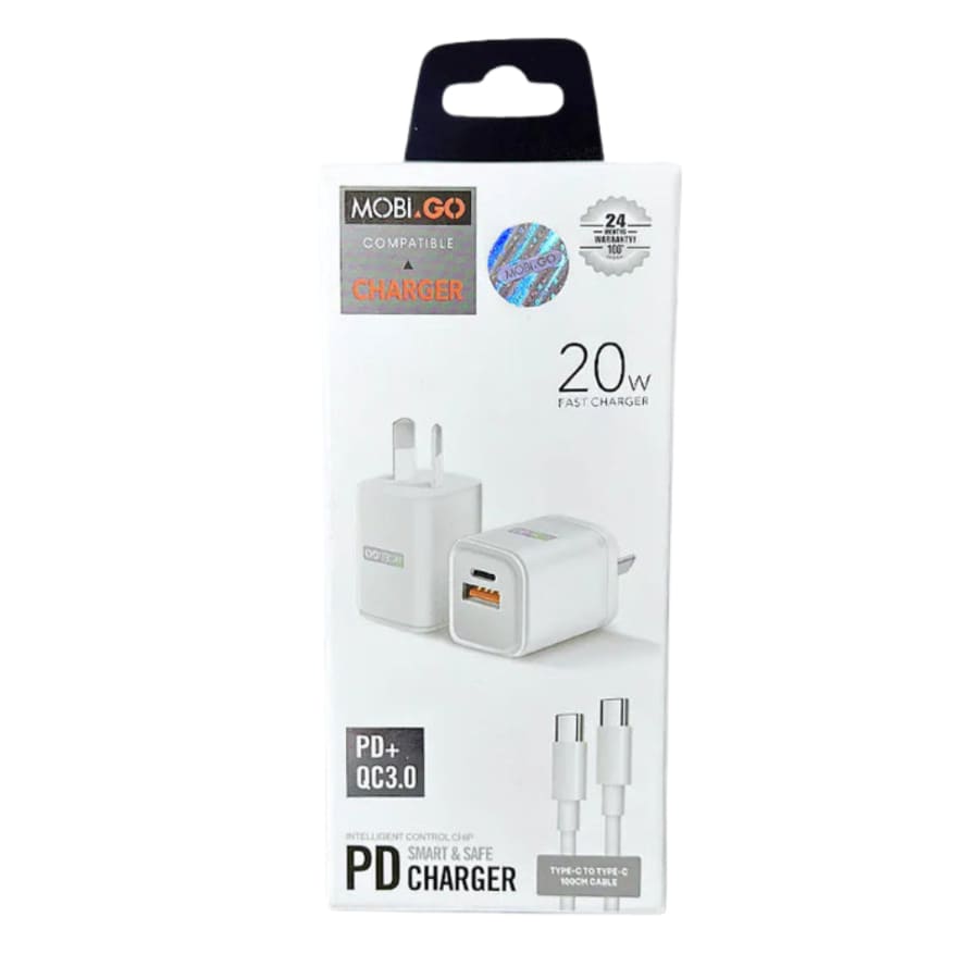 Mobigo Type C & USB Power Adapter Wall Plug (NZ / AUS), With Type C to Type C Cable 9eight5