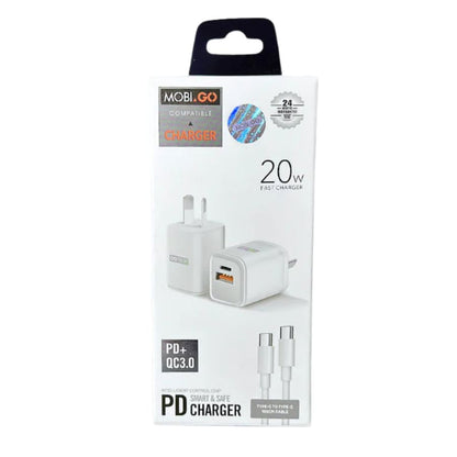 Mobigo Type C & USB Power Adapter Wall Plug (NZ / AUS), With Type C to Type C Cable 9eight5