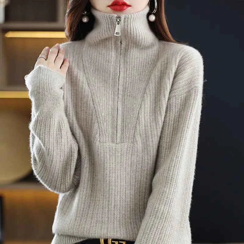 Women's 100% Merino Wool Thick Turtleneck Sweater - Zipper Front, Loose Fit | Winter Warmth