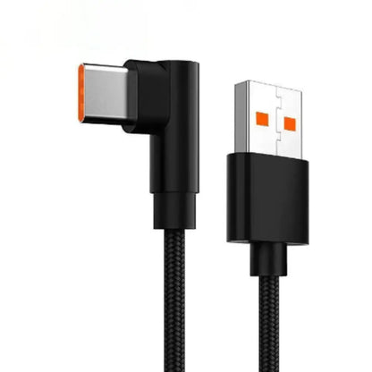 Habicare NNBILI 66W USB-C Elbow Charger Cable for smartphones, black, flexible design, connected to a smartphone.