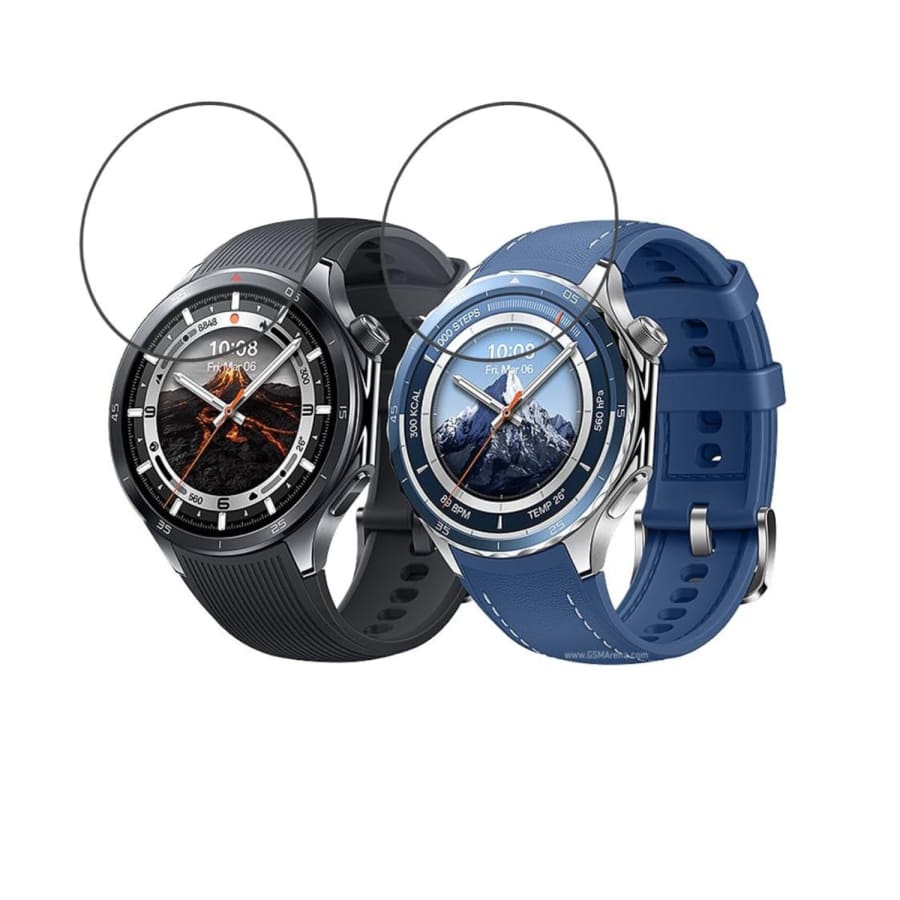 Two Oppo Watch X2 screen protectors in clear packaging for round smartwatch screens, designed by That Watch Shop.