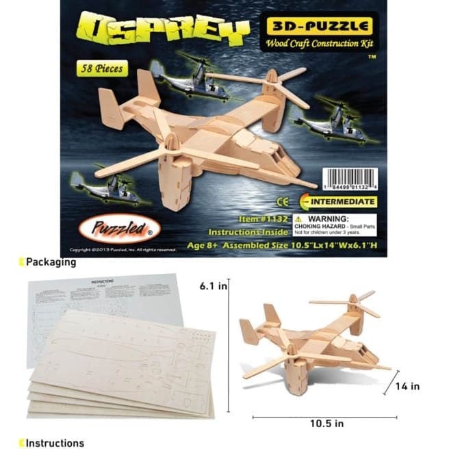 Osprey 3D puzzle by 9eight5 featuring detailed plastic model of a bird with wings spread, assembled on a display stand.