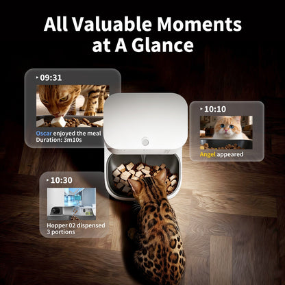 Petkit YumShare Dual-hopper automatic pet feeder with built-in camera, showing food compartments and camera lens for monitoring pets.