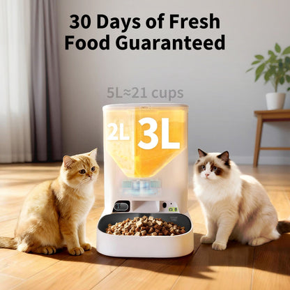 Petkit YumShare Dual-hopper automatic pet feeder with camera, showing a balanced diet in a dual-compartment design for pets.